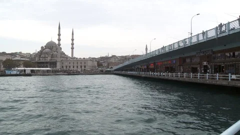 Galata Bridge fish restaurants general view 動画素材 128953547