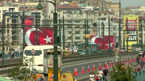  Galata Bridge, turkish flag Stock Footage 48237525