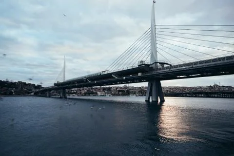 Galata bridge view from below in the evening. Stock Photos