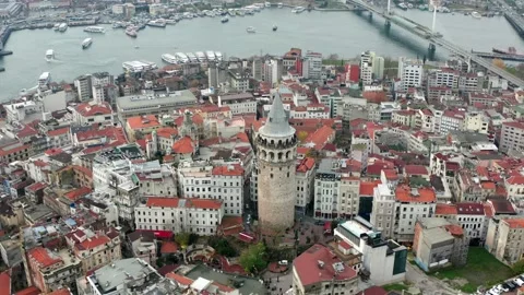 Galata Tower Aerial Drone View with Golden Horn Stockbeeldmateriaal 335374681
