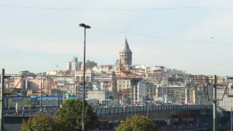 Galata Tower and the bridge in the foreground. The popular tourist attraction of Stock Footage 248601528