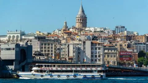 Galata Tower and Galata Bridge. Historical places in Istanbul. Stock Photos