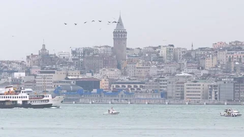 Galata tower and the steamer advancing through the sea Video stock 146809976