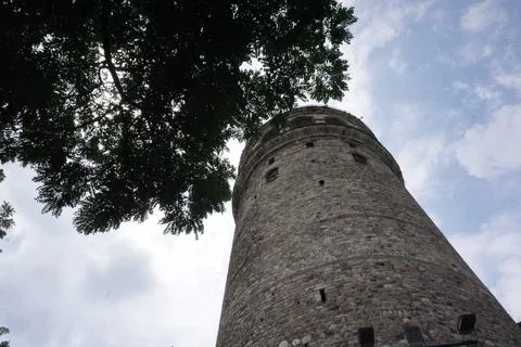 Galata tower and tree bottom shot Stock Photos
