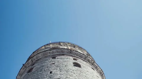 Galata Tower bottom angle panning. Istanbul historical Galata tower. Stock Footage 139659278