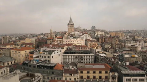 Galata tower drone flying over the buildings, Istanbul Turkey, oe01 Stock Footage 244595551