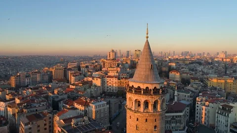 Galata tower in Istanbul, Turkie. Aerial drone shot from above, city centre Stock Footage