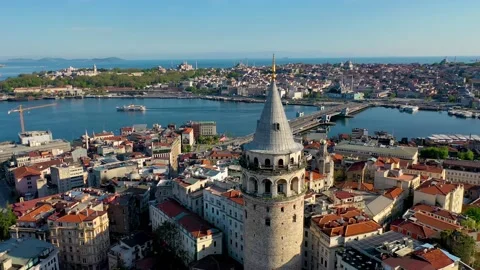 Galata tower in Istanbul, Turkie. Aerial drone shot from above, city centre, 5 Stock Footage