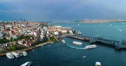 Galata Tower Pull Back Istanbul Skyline Rainbow Aerial Stock Footage 307121737