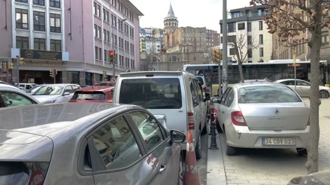 Galata Tower view with parking, crowd and traffic Stock Footage 231959715