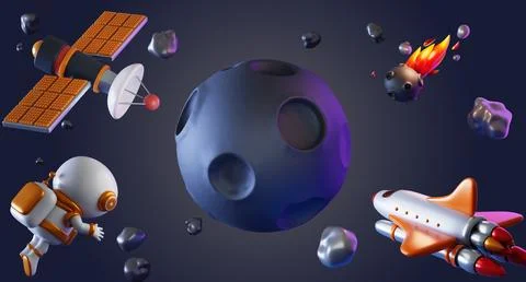 Galaxy 3d background with spaceship, astronaut, satellite, meteor in outer space Stock Illustration