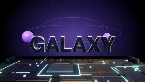 GALAXY 3D Text with Orbiting Planets on a Circuit Board Stock Illustration
