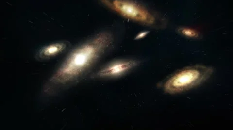 Galaxy cluster drifting through deep space with star field Stockbeeldmateriaal 33733944