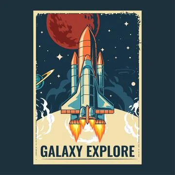 Galaxy Explore Spaceship Launch to Mars Poster in Vector Illustration Design 스톡 일러스트