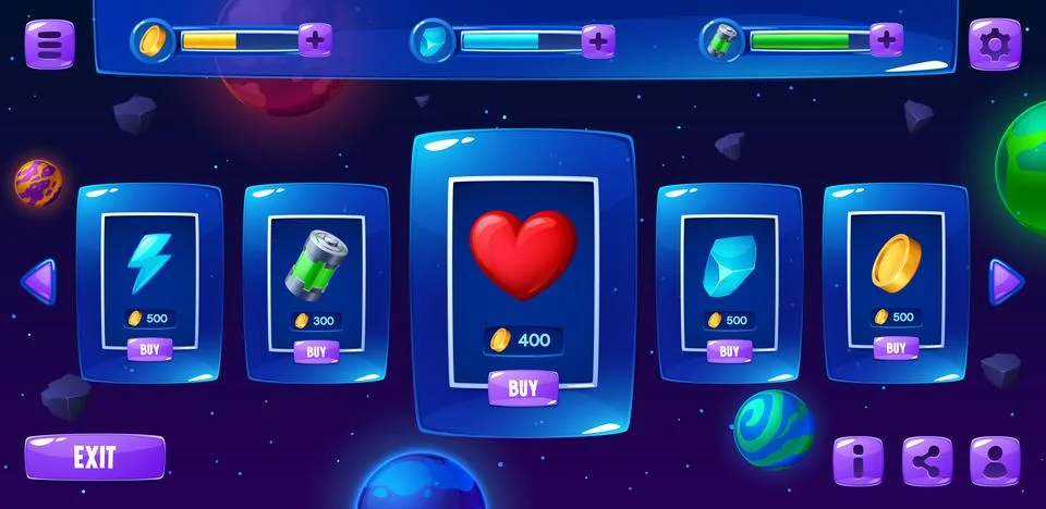 Galaxy game shop interface window with icons Stock Illustration