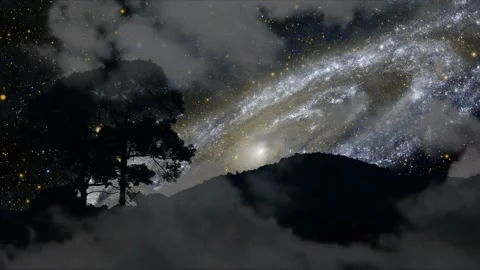 Galaxy moving back silhouette mountain and tree with dark cloud on the night sky Video stock 142653437