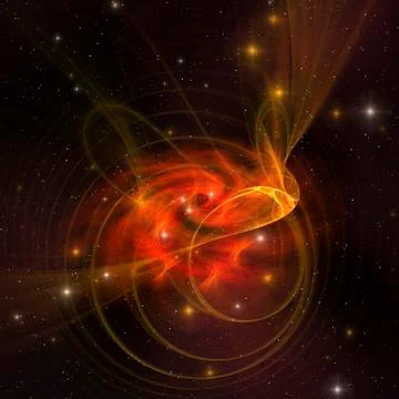 A galaxy out in space has reddish orange swirls in its core. Stock Illustration