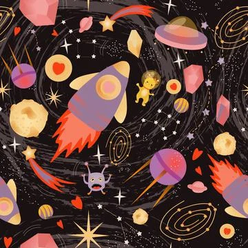Galaxy pattern. Rocket, meteorite and ufo. Space seamless pattern Illustrazione stock