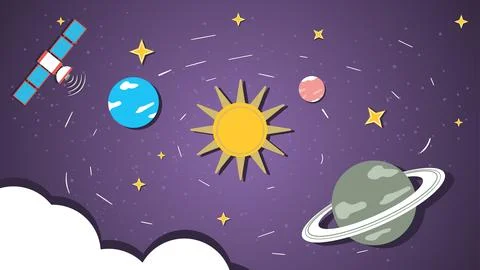 Galaxy planets revolve around the sun flat illustration childrens doodle Stock Illustration