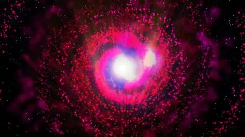 Galaxy red, spinning clockwise, bright round particles Stock Photos