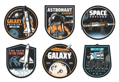 Galaxy research, space explore and astronaut icon Illustrazione stock