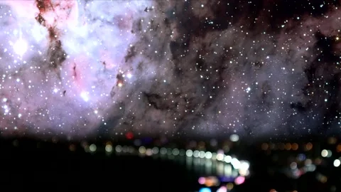 Galaxy rolling on sky and blur light night on coast and beach road, Elements of Stock Footage 135806730