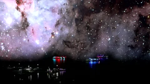 Galaxy rolling on sky and blur light night on coast beach road, Elements of this Stock Footage 135806738