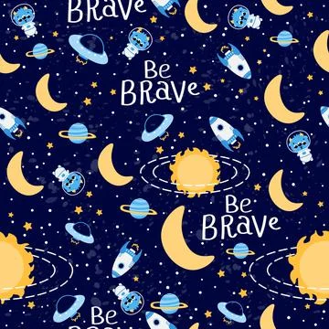 Galaxy seamless pattern with sun and moon, stars and flying spaceships, be brave Stock Illustration