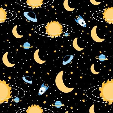 Galaxy seamless pattern with sun, planets and alien ufo, stars and Stockillustratie