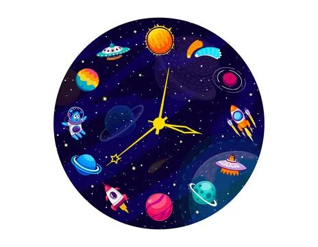 Galaxy space clock features space-themed elements Stock Illustration