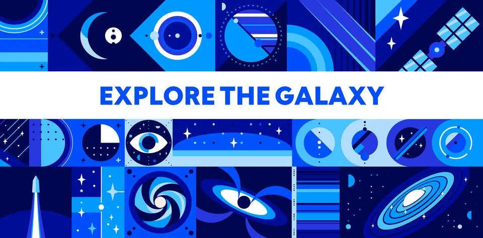 Galaxy space explore poster with mosaic pattern Stock Illustration