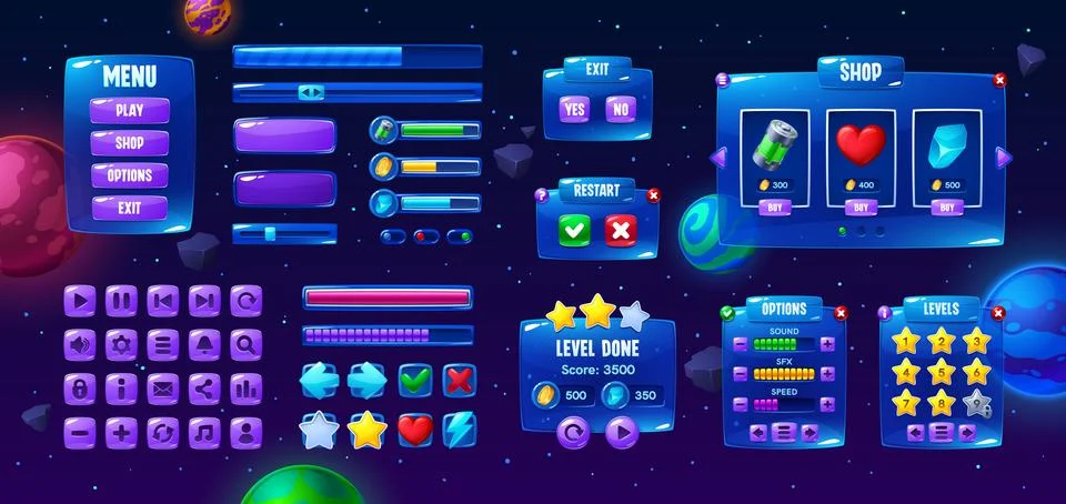 Galaxy space game interface, button and panel Stock Illustration
