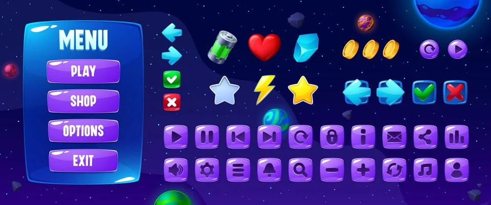 Galaxy space game UI interface icons, menu windows Illustration