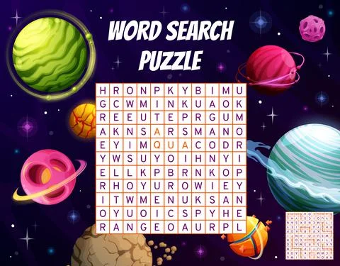 Galaxy space planets, word search puzzle game Illustrazione stock