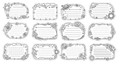 Galaxy space stars and rockets on kids memo notes Stock Illustration