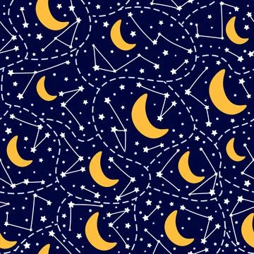 Galaxy themed seamless pattern with stars, moon and constellations in cartoon Stock Illustration