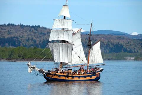Galeon in a river. Stock Photos