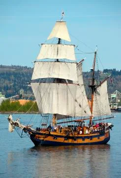 Galeon in a river. Stock Photos