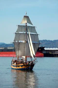 Galeon in a river. Stock Photos
