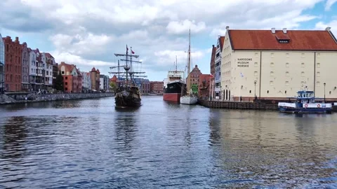 Galeon Sailing Ship the Lew sailing to its berth on the Motlawa river Gdansk, Stock Footage 130483749