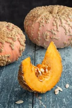 Galeux d Eysines Pumpkin Slice With Seeds On Rustic Table Stock Photos
