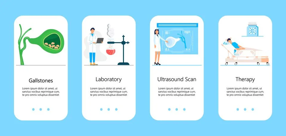 Gallbladder concept app vector. Doctors treat gallstones. Biliary dyskinesia  Illustrazione stock