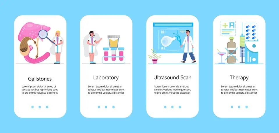 Gallbladder concept app vector. Doctors treat gallstones. Biliary dyskinesia  스톡 일러스트