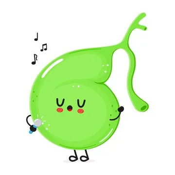 Gallbladder sings into a microphone character. Vector hand drawn cartoon ka.. Stock Illustration
