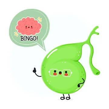 Gallbladder with speech bubble and brain character. Vector hand drawn carto.. Stock Illustration