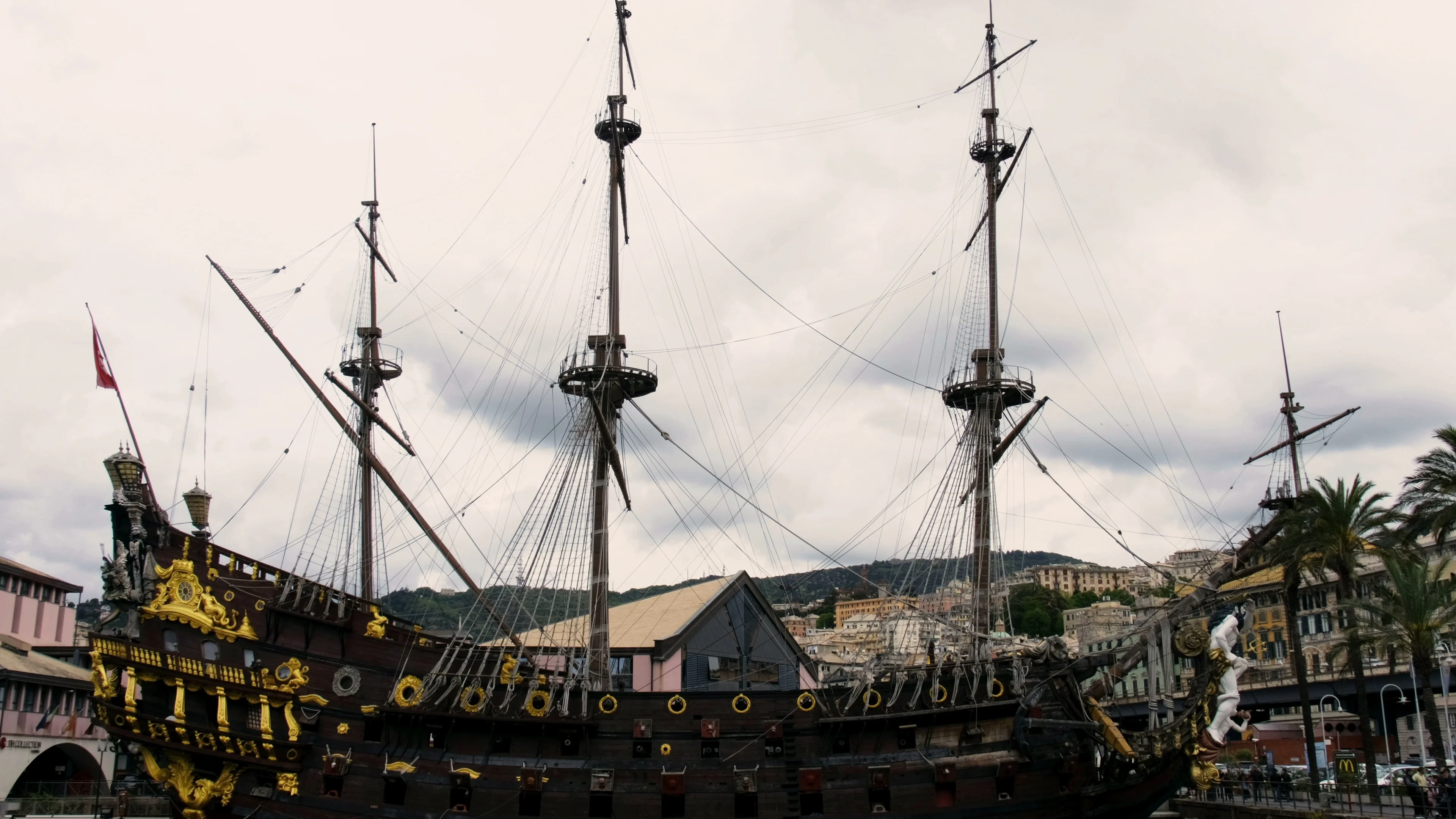 galleon sailer Neptune docked in Genova ancient harbour. sailing ship from Roman