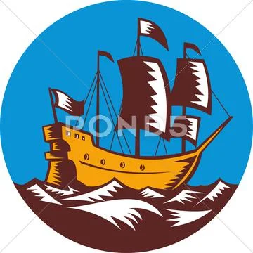 Galleon tall ship sailing retro woodcut Stock Illustration