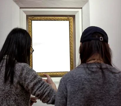 Gallery Interior with empty frame on wall. Stock Photos