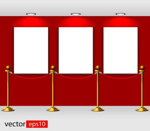Gallery Interior with empty frames and gold stanchions on red wall Stock Illustration