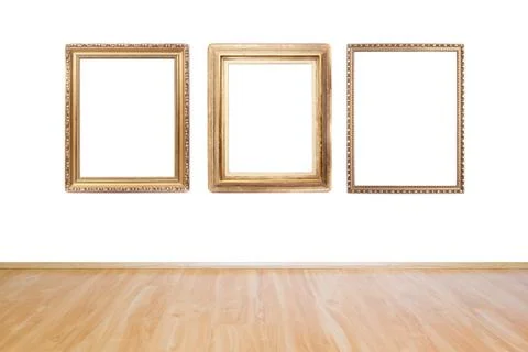 Gallery Interior with empty frames on wall. Stock Photos